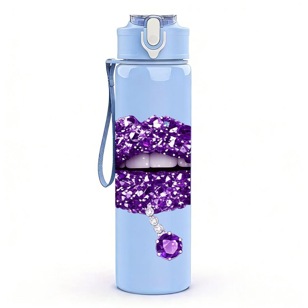 1PC Glitter Purple Lips Fashion Print 750ml Color Plastic Sports Water Bottle Leakproof Flip Straw Lid Suitable for Sports Office Home Use