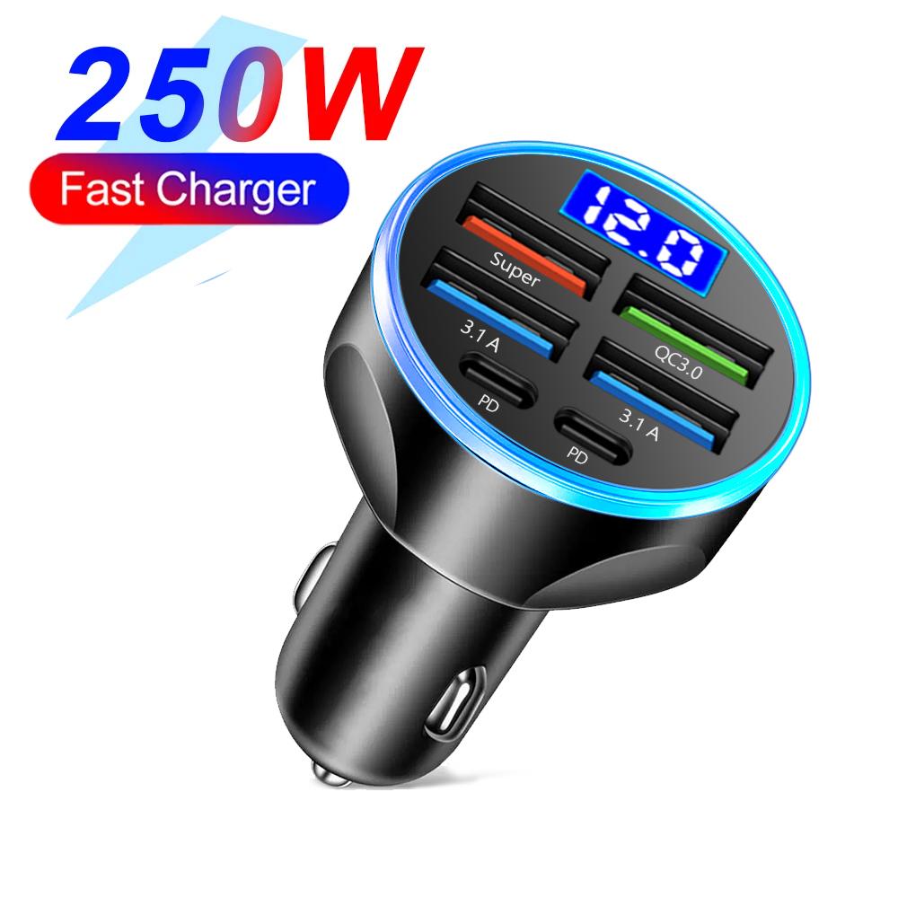 Автомобильное зарядное устройство 200 Вт QC3.0 Type-C Quick Charge Прозрачный чехол PD для iPhone 15 14 13 12 Xiaomi Poco Samsung Быстрая зарядка