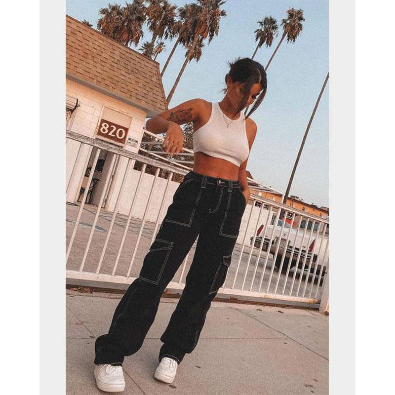 Широкие женские джинсы-карго Baggy с эластичной талией