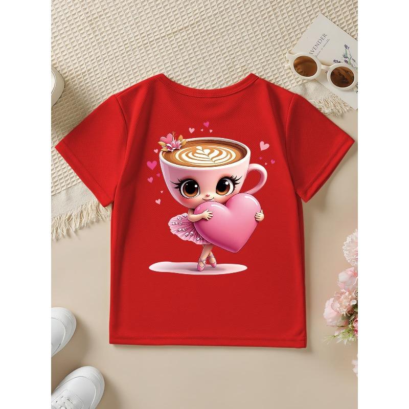 European sizes Summer Fashion Girls' Short Sleeve T-Shirt with Double-Sided Print of Italian Brain Corrosion Cartoon Dancing Cappuccino