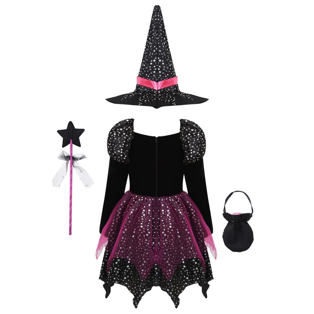 Kids Girls Witch Costume For Halloween Fancy Dress Up Dress With Pointed Hat Wand Candy Bag Set