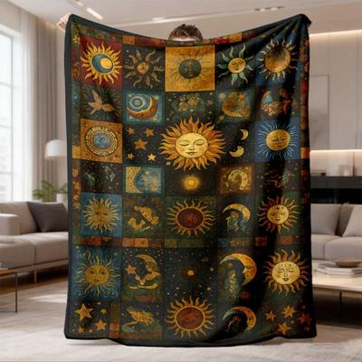 2026 New Arrival Flannel Blanket Vintage Celestial Sun, Moon, and Stars Patchwork Blanket Cozy and Soft Flannel Throw Perfect for Sofa, Bed, Car, Offi