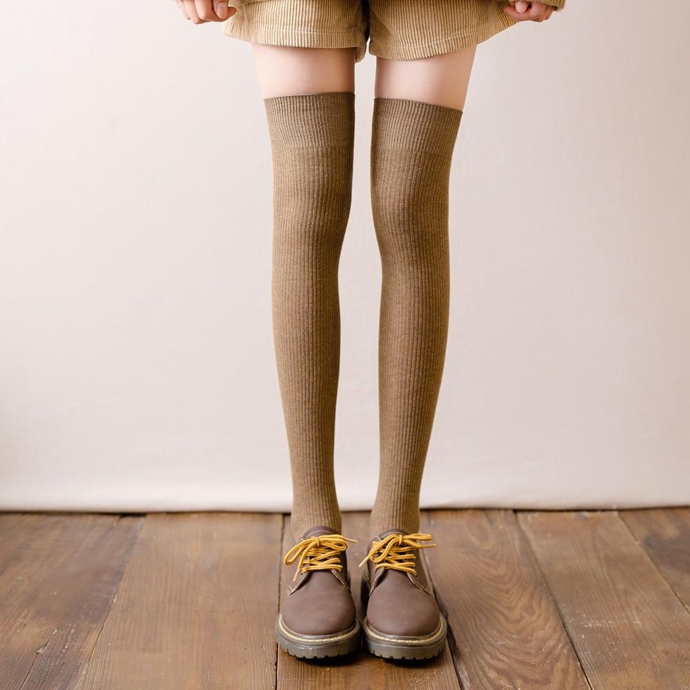Женские чулки в японском стиле, длинные носки для школьниц в студенческом стиле, хлопковые вязаные однотонные чулки до бедра