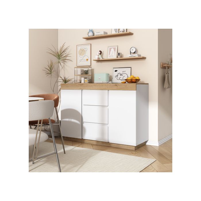 Commode - MUVOE - 3 Tiroirs - 2 Portes - Panneaux de Particules E1 - Blanc + Chêne