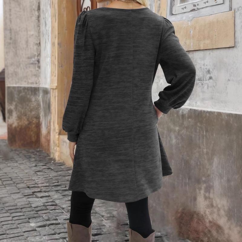 DAFIFY Женская мода весна осень однотонный принт длинный рукав О-образный вырез свободная талия повседневные платья