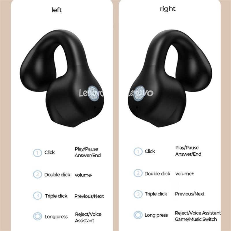 Lenovo XT61 Bluetooth-наушники, мягкие спортивные беспроводные наушники-клипсы, стереозвук, шумоподавление, HD-вкладыши для звонков с микрофоном