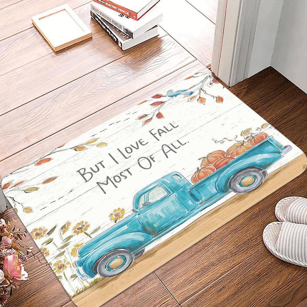 Autumn Pumpkin Truck Polyester Doormat Non-Slip Bath Mat Indoor Outdoor Home Decor Carpet Living Room Bedroom Kitchen Rug