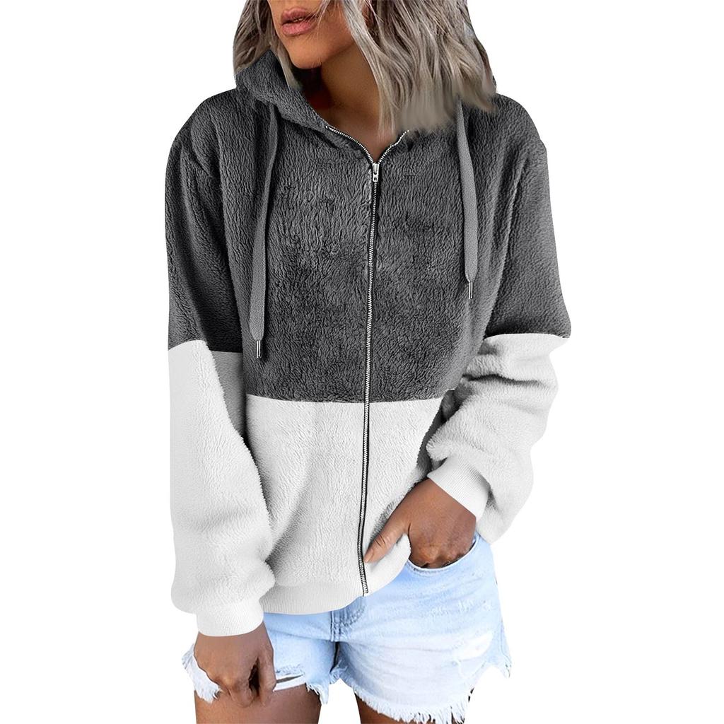 Women's Fashionable Warm Fleece Solid Color Hoodie Zipper Pocket Casual Jacket