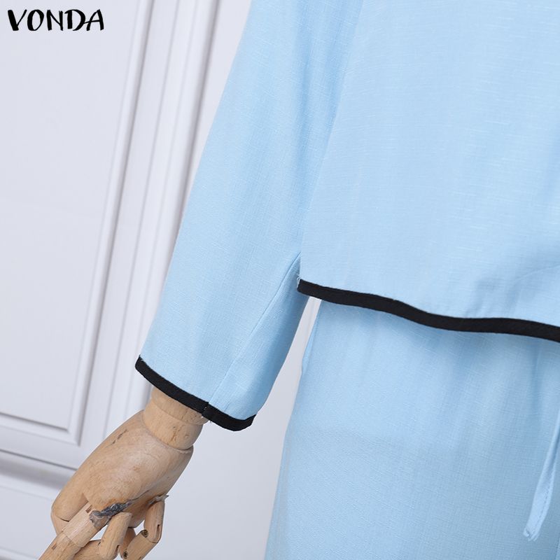 VONDA 2 шт. Женский повседневный костюм-двойка: блузка с длинным рукавом и брюки, сшивной