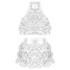 Girls Sparkling Dance Set Sleeveless Round Collar Backless Shiny Sequins Tiered Crop Top Elastic Waist Skirt