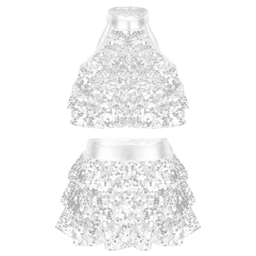 Girls Sparkling Dance Set Sleeveless Round Collar Backless Shiny Sequins Tiered Crop Top Elastic Waist Skirt