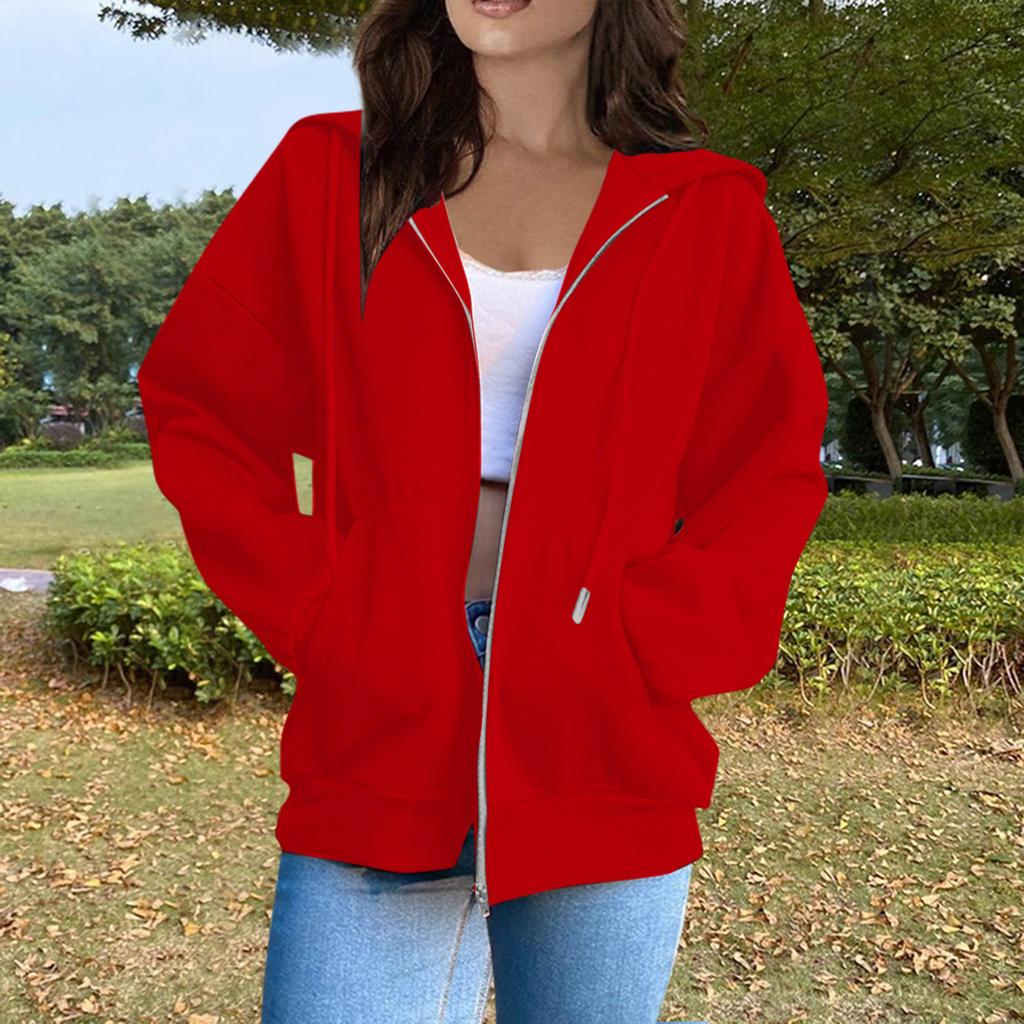 Women's Casual Fashion Solid Color Long Sleeved Zippered Hooded Sweatshirt