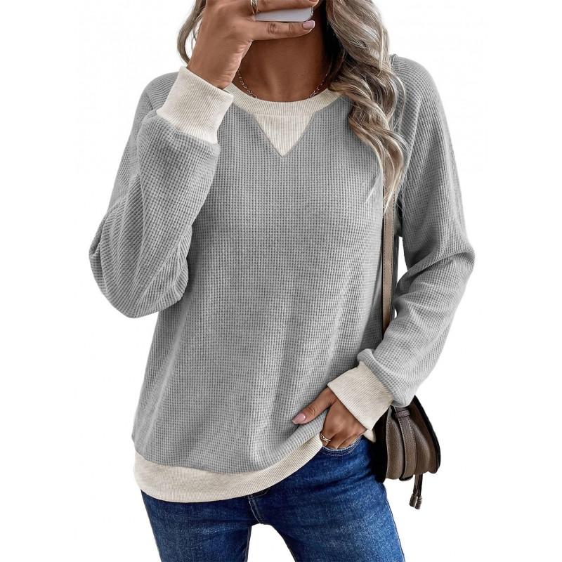 2026 Fall Womens Casual Pullover Color Block Waffle Knit Long Sleeve T-Shirt