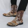 Designer Men's Retro Western Cowboy Boots Mens Leopard Patchwork Embroidery Mid-calf Leather Boot Designer Casual Shoes