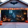 A Halloween garage door with a polyester background featuring ghost and pumpkin lantern designs perfect for Halloween