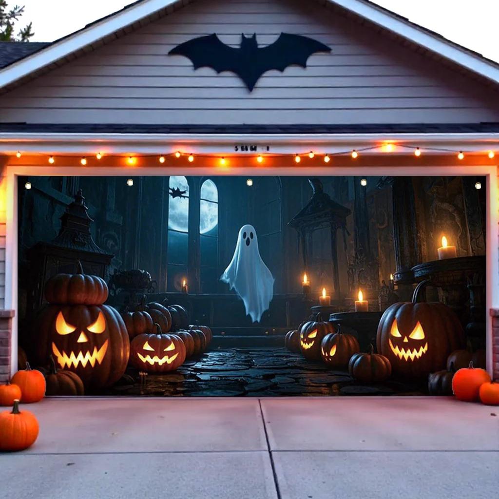 A Halloween garage door with a polyester background featuring ghost and pumpkin lantern designs perfect for Halloween