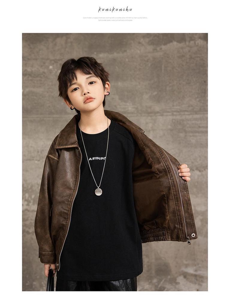 Кожаная куртка с флисовой подкладкой в уличном стиле для мальчиков на Осень/Зиму 2025 – Крутая и дерзкая верхняя одежда в корейском стиле