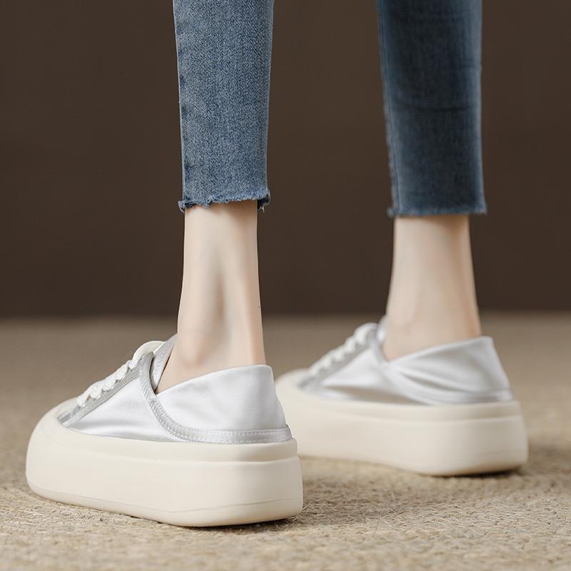 Туфли из сатина и парусины на толстой подошве с большим пальцем женские летние новые дышащие двусторонние белые туфли тонкие шелковые повседневные кроссовки