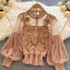 Elegant Floral Mesh Long Sleeve Short Blouse Sweet Women Lantern Sleeve Lace Shirts Ladies See Through Mesh Blouse Tops 25914