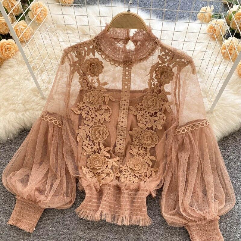 Elegant Floral Mesh Long Sleeve Short Blouse Sweet Women Lantern Sleeve Lace Shirts Ladies See Through Mesh Blouse Tops 25914