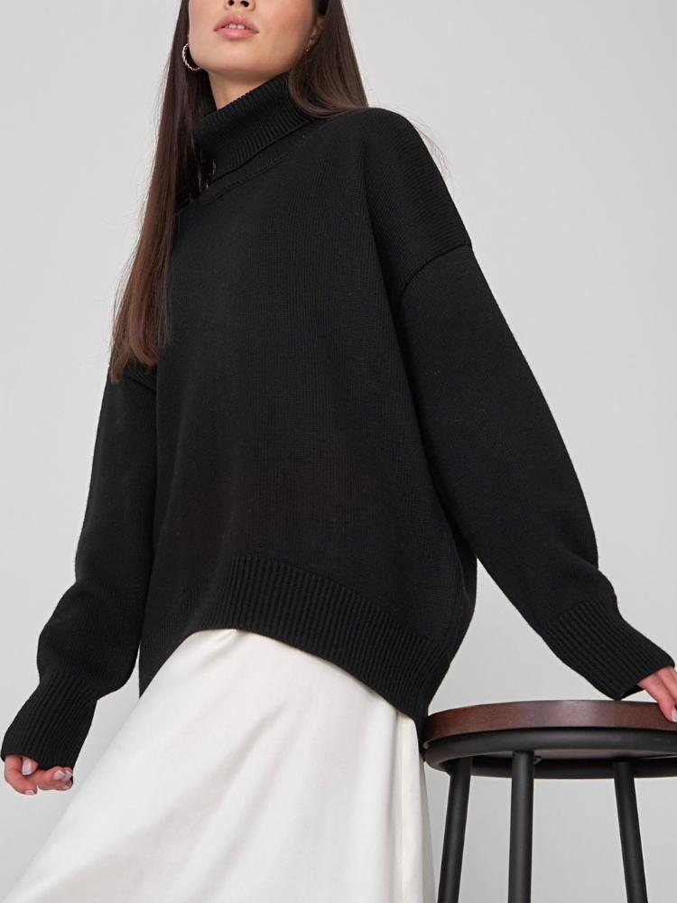 Женский свитер с высоким воротом, осенне-зимний свободный свитер, классический универсальный однотонный женский вязаный свитер-пуловер