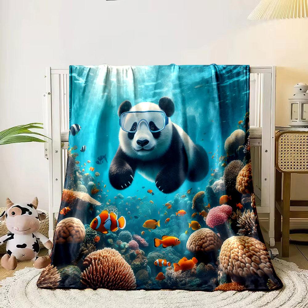 Diving Panda with Coral Reef and Fishes print blanket soft and cozy perfect for the living room bed sofa or a nap,gift