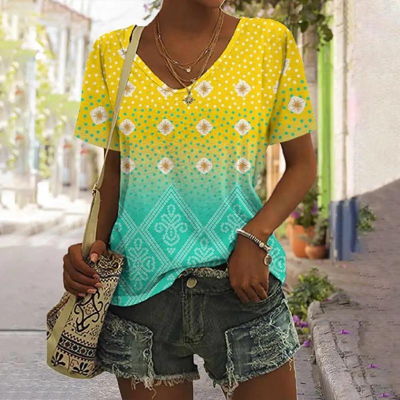 Bohemian Floral 3D Print T-Shirts Women V-Neck Short Sleeve T Shirt Streetwear Y2k Tops Harajuku Oversized Tees Woman Clothing