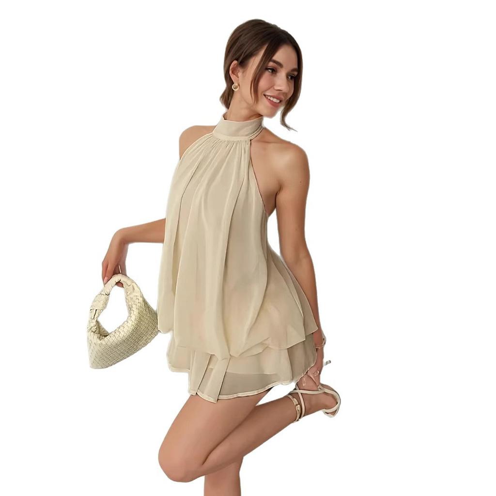 European and American new solid color holiday slim-fitting sexy backless neck waist top fluffy short skirt dress women