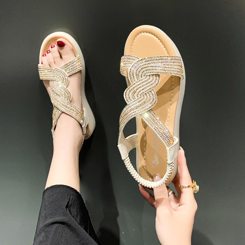 Мода 2024 Лето Сандалии со стразами Модные женские туфли на плоской подошве Повседневные сандалии на платформе Кристальные блестящие танкетки С открытым носком Пляжные шлепанцы
