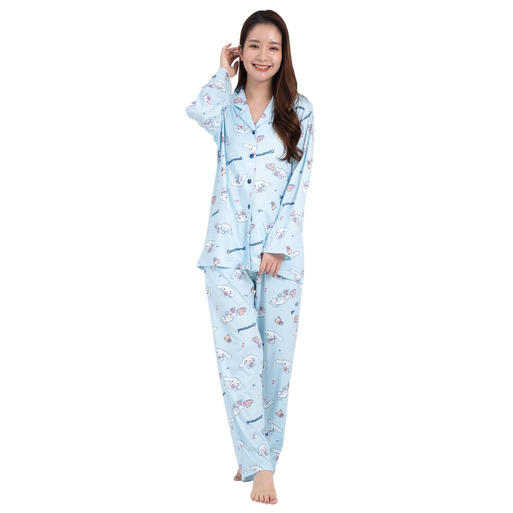 SAZAC Cinnamoroll Shirt Powder Long Sleeve and Pants MUSIC Cinnamoroll Pajamas, Stretch, Women's, Set, Loungewear, (Sax/M/SAN1788)