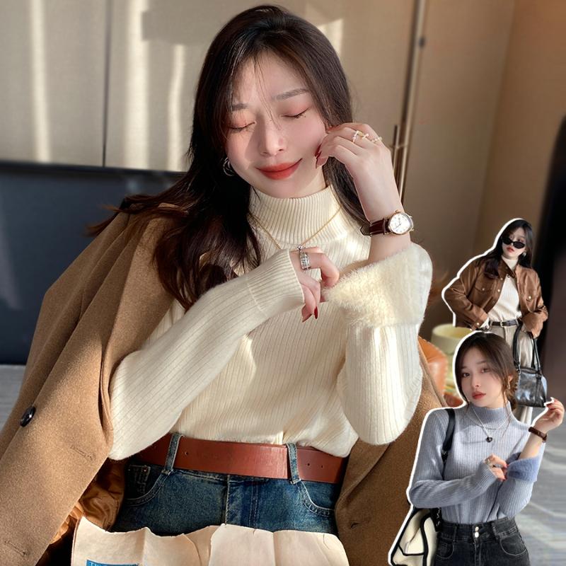 Fashion Thick Half High Neck Plush Base Sweater Women New Autumn and Winter Velvet Knitted Sweaters Tops Office Lady Casual Warm Knitwear 24866
