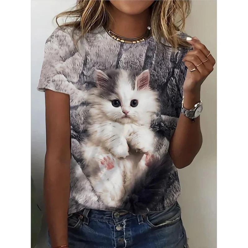 Женская 3D Милая Футболка с принтом кота Модные женские футболки Топы Harujuku Kawaii Oversize Летний топ с круглым вырезом Женская одежда