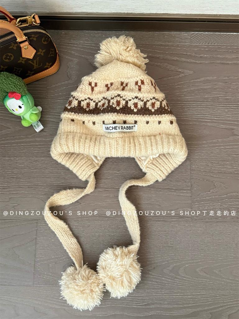 Винтажная шапка Фэйр-Айл с помпоном вязаная шапка женская зимняя теплая защита ушей шапка Лей Фэн утолщенная красная шерстяная шапка