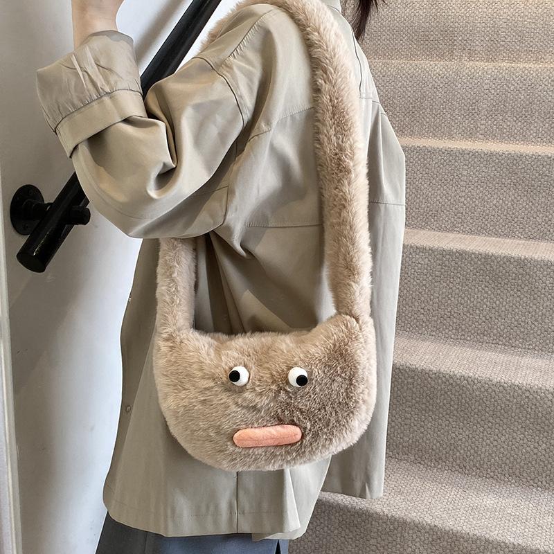 Забавная сумка-сосиска с пушистым ртом, женская мультяшная плюшевая сумка, повседневная сумка через плечо для поездок на работу