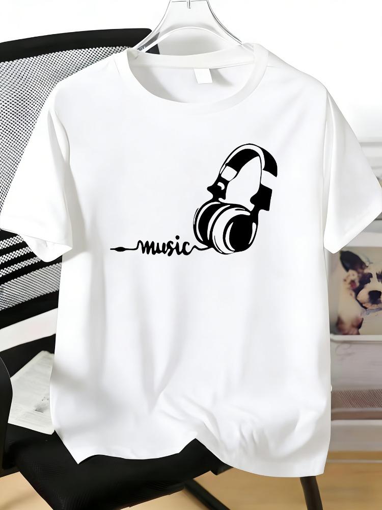 Unisexs Tee Stylish Headphone Music Word Art Print Cotton Short Sleeve Male Casual Streetwear Outdoor Daily Basic Fashion Wear Top