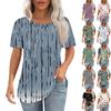 T Shirts For Women Pleated Round Neck Dressy Casual Blouses Printing Short Sleeve Summer Tops Loose Fit