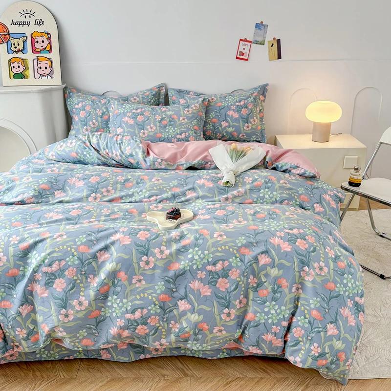 Цветочный пододеяльник в садовом стиле, 100% хлопок, бохо-эстетика, зеленый, с рисунком из разноцветных цветов, 3 предмета