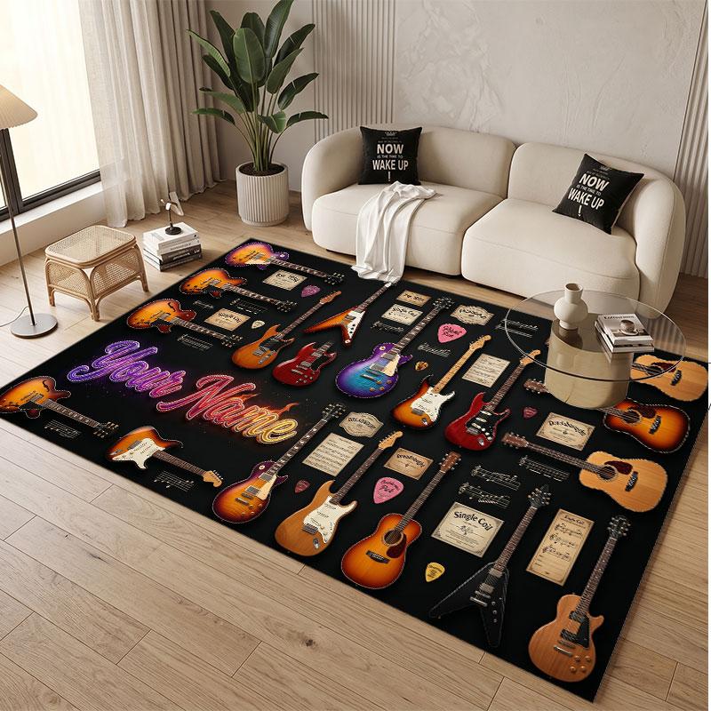 Music Guitar Theme Soft Crystal Velvet Rug Custom Name & Text Print Non Slip Floor Rug for Bedroom Living Room