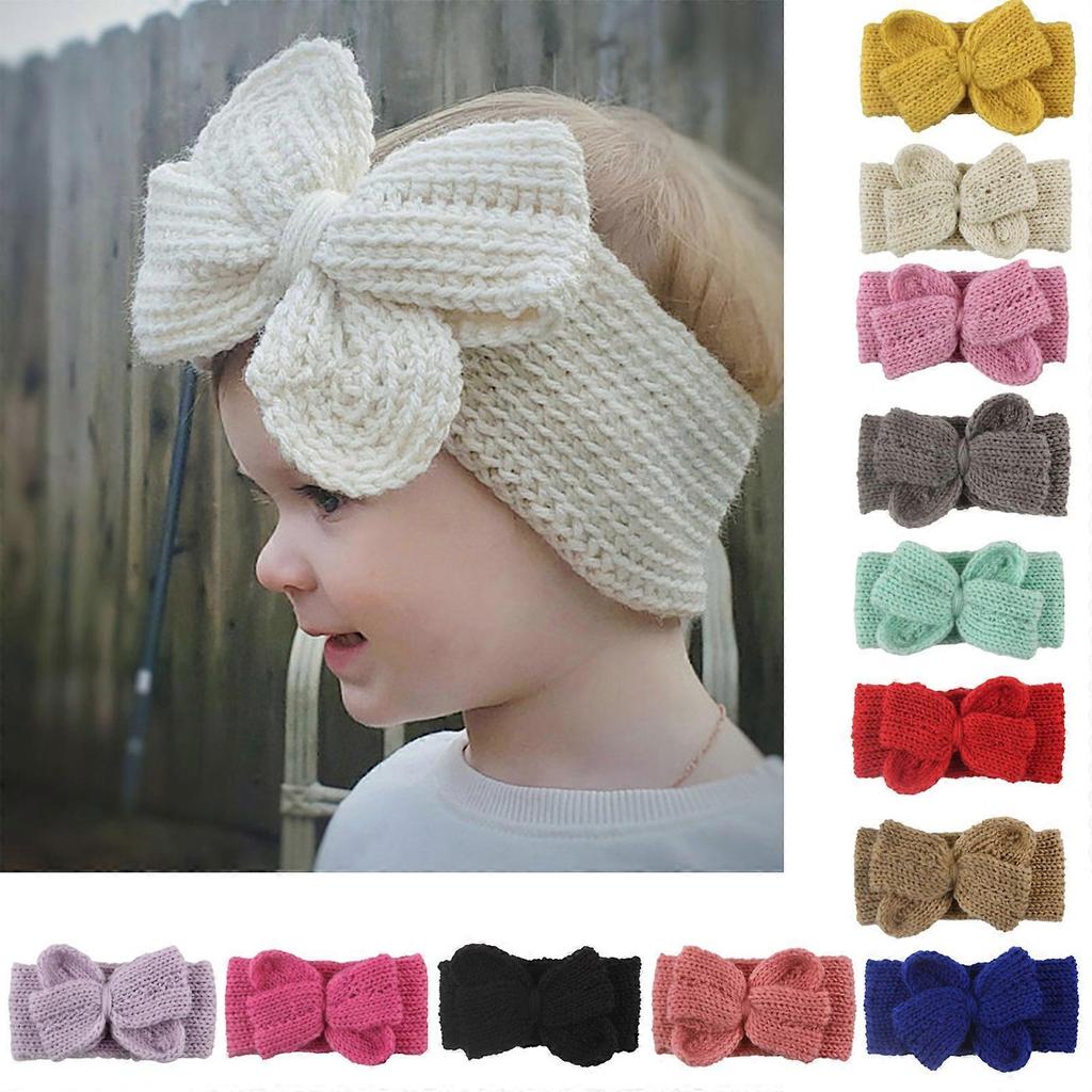 Lovely Baby Girls Headbands with Bows Turban Autumn Winter Warm Hair Bands Soft Knitted Headwear for Newborns Toddlers Beige