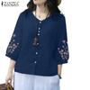 Women Casual Floral Print 3/4 Sleeve Loose Round Neck Blouse