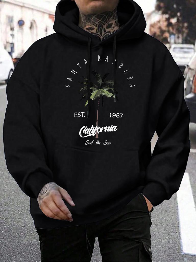 Galafonia Coconut Palm Santa Barbara Print Men Hoodie Pocket All-Match Hoody Loose Casual Man Pullovers Autumn Fleece Clothing
