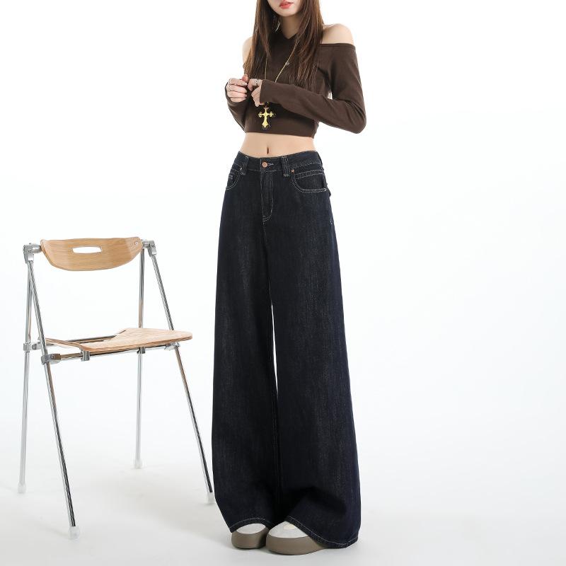 Paris buckle dark blue wide-leg jeans women's autumn and winter new medium and high waist straight tube versatile and thin long pants