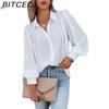 Женская плиссированная однотонная свободная рубашка с завязками на пуговицах и длинными рукавами, рукавами-фонариками