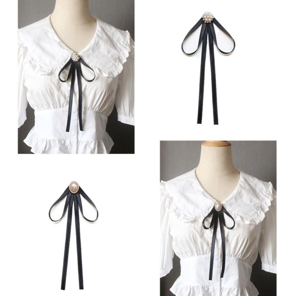 Solid Color Black Bow Necktie Pearl Funerals Memorial Pin Simple Ribbon Badge Brooch Parties
