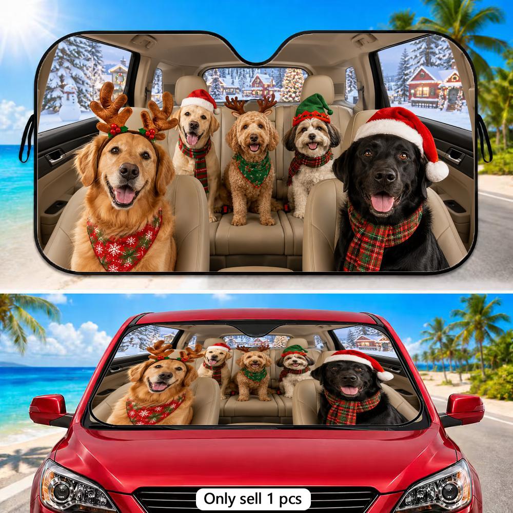 Santa & reindeer dog Sun Visor Car Front Window Front Window Protective Cover and Thickened Auto Sunshade Curtain