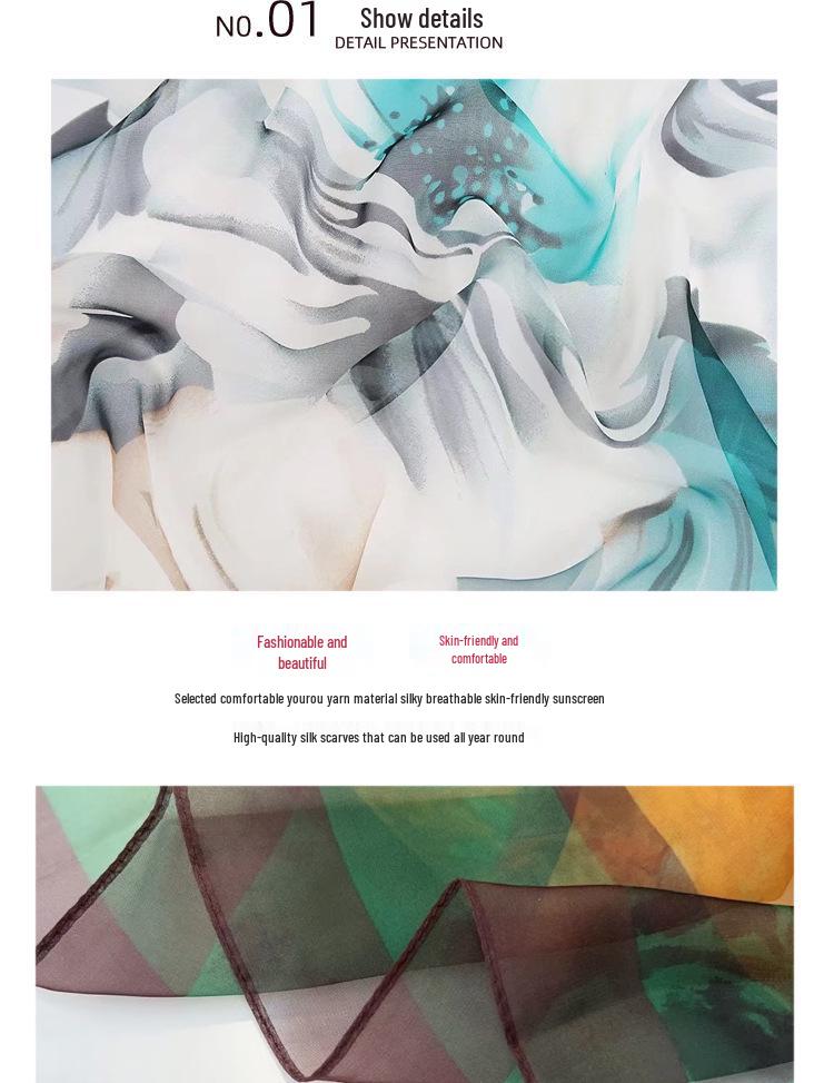 Women's Long Printed Silk Scarf - Ultra-Thin, All-Season, Middle-Aged Mother Style