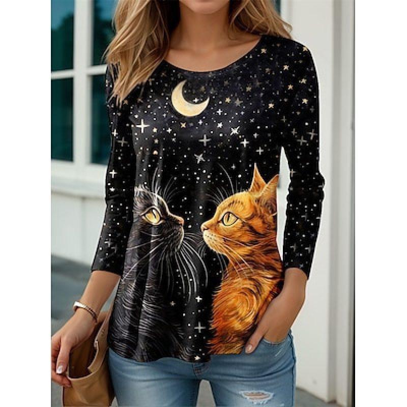Women's 3d Colorful Cartoon Kawaii Cat Print Autumn Long Sleeve Tops Women's T-Shirt O-Neck Oversized Ladies Clothing