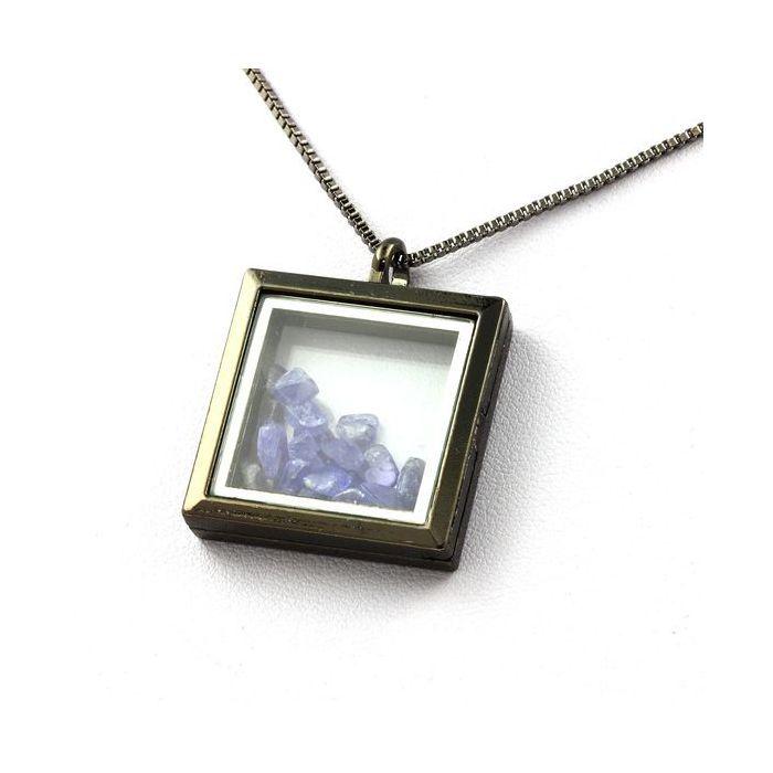 Stones and Minerals. Raw Tanzanite Necklace. Square Model. Color Black.