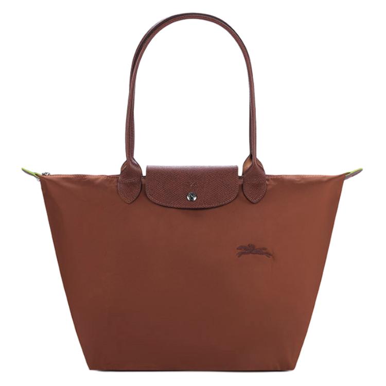 Longchamp Le Pliage Green 31 Длинные ручки Застежка на кнопку-защелку и молнию Холст и кожа Сумка-тоут 'Пельмень' Большая женская сумка-тоут Коричневый 1899919504