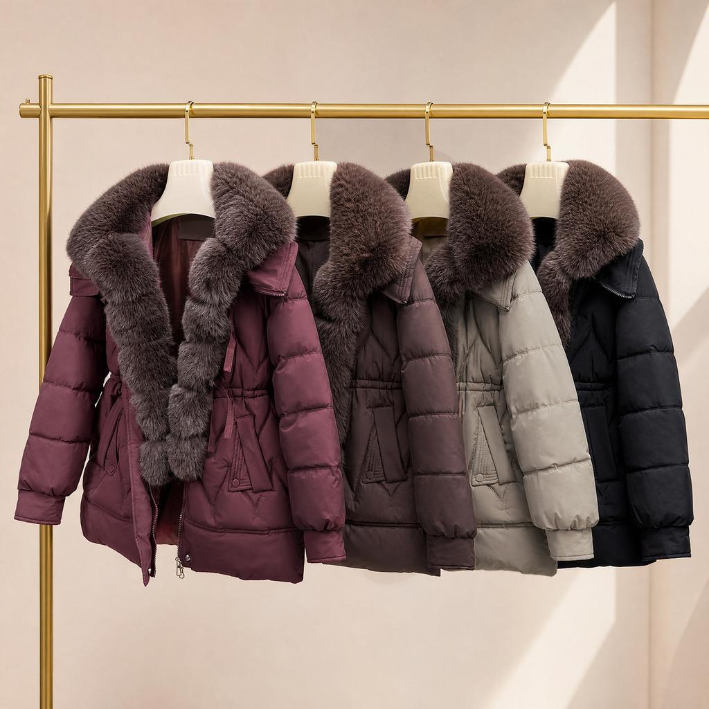Padded clothes winter temperament big fur collar padded jacket new foreign style waist thin jacket medium and long down padded clothes